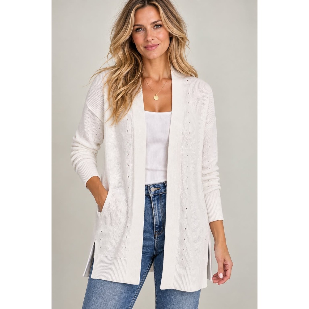 Michael Stars Cardigan Women S White Open Front Pointelle Knit Longline Pockets